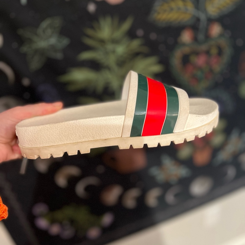 Web Slides, White red & green stripe Gucci sandals